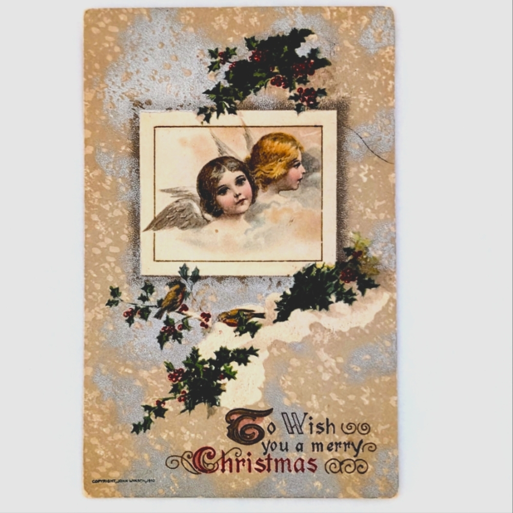 Vintage Christmas Postcard – Angelic Illustration & Holly – Early 1900s